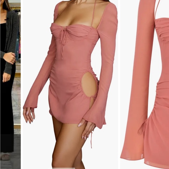 Small baby halter long sleeve mini pink dress- house of cb d u p e - Picture 4 of 4